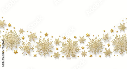 A scattering of golden snowflakes and stars on a white background creates a festive border.