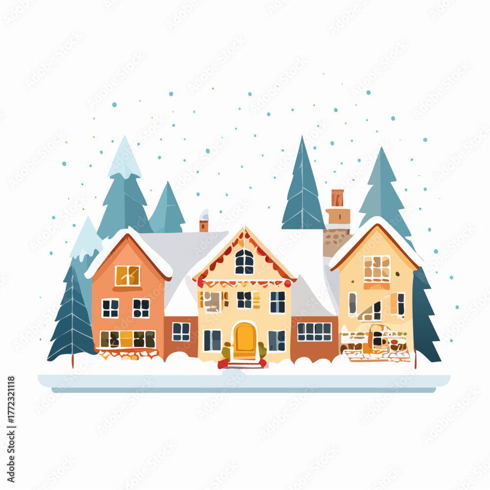 Obraz premium Festive Winter Village Scene Houses Adorned with Holiday Decorations in a Snowy Landscape