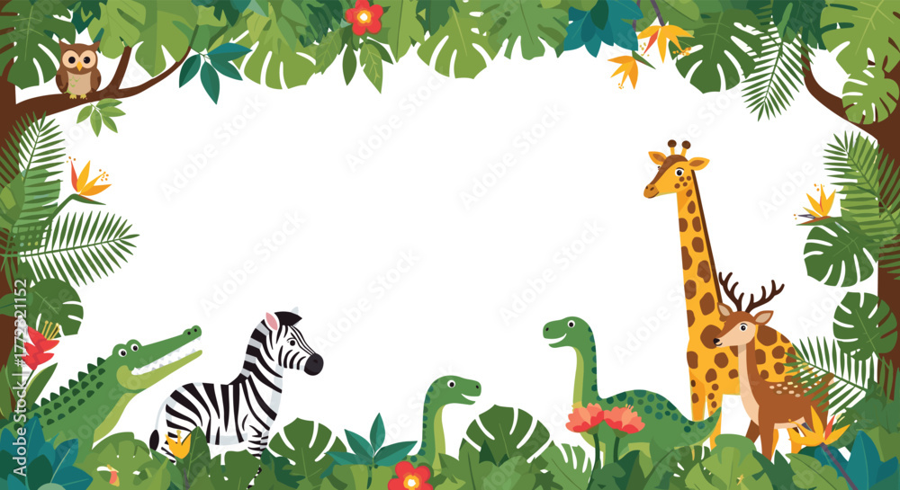 Fototapeta premium Friendly cartoon jungle and prehistoric animals creating a leafy frame on a white background, perfect for children's designs and messages.