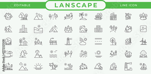 Landscape Line Editable Icon Set. Related Nature, Mountain, River, Forest, Beach, Park, and Outdoor Vector Symbols for Environment and Travel Design