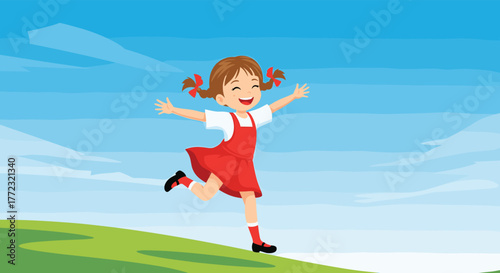 A happy young girl with pigtails in a red dress runs energetically down a grassy hill, expressing pure joy and freedom under a bright blue sky.