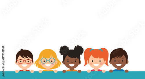 Five smiling diverse children of different ethnicities and genders peeking over a blue-green horizontal border, looking at the camera.