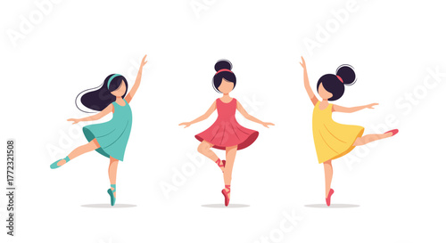 Three graceful cartoon-style ballerinas in colorful dresses performing elegant ballet poses on a white background.