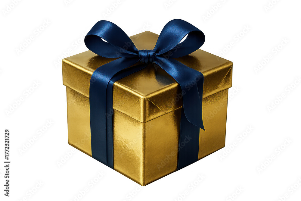 Obraz premium Golden gift box with blue ribbon delivering surprise for celebration, holiday, birthday, and special occasion