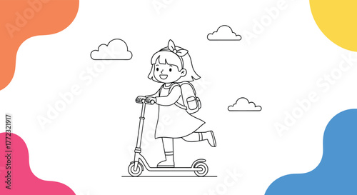 Happy young girl with a backpack riding a kick scooter, enjoying a fun ride on a sunny day.