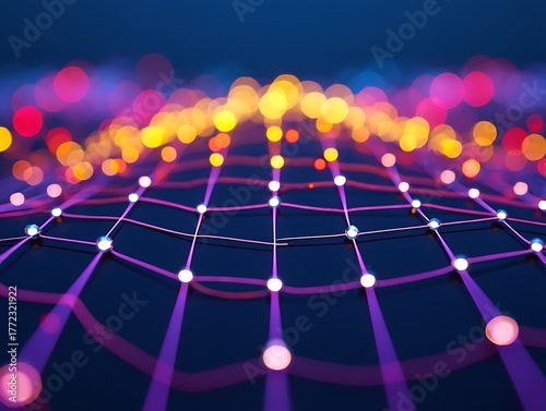 Abstract glowing network of purple lines and white nodes on dark background image