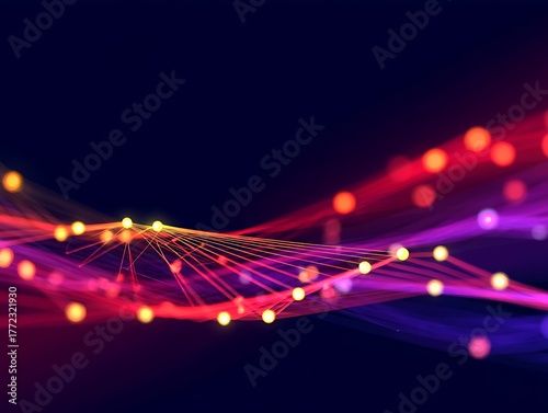 Abstract glowing network of red and purple lights on dark background image