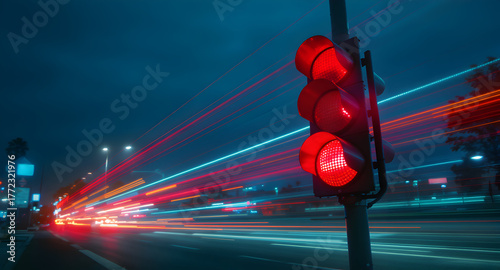 Illuminated red traffic light controlling vehicles movement on road at night with light trails