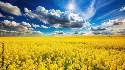 Fototapeta Naklejka Na Ścianę i Meble -  Golden rapeseed fields in full bloom under a bright sunny sky with few fluffy white clouds