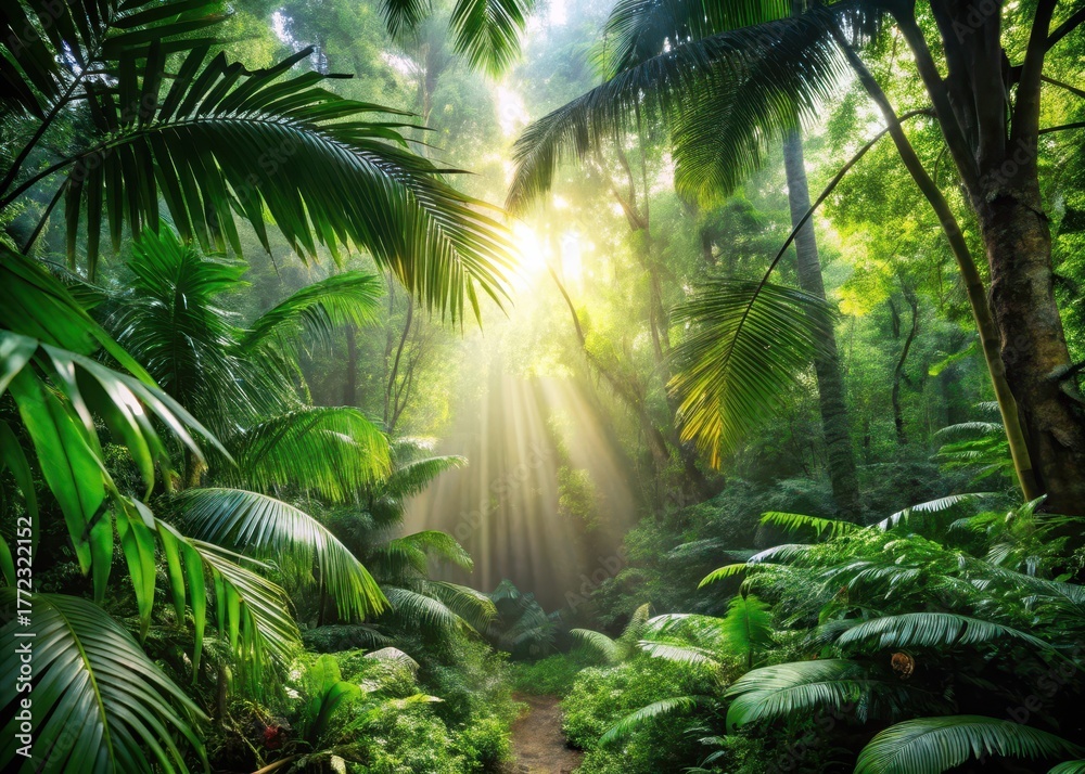 Naklejka premium Tropical jungle clearing with sunlight filtering through trees and leaves
