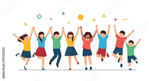 A joyful group of diverse children jumps happily with hands raised in the air against a white background with colorful abstract shapes.