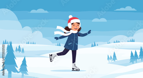 A happy young girl enjoys ice skating outdoors in a beautiful, serene snowy winter landscape surrounded by hills and pine trees.