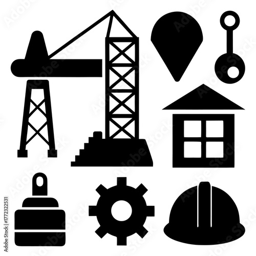 Construction helmet, crane, wrench, and building icon on white background.