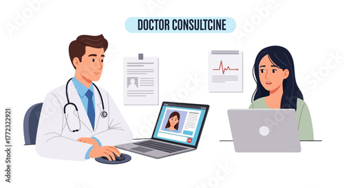 Virtual Medical Consultation Doctor and Patient Engaged in Telemedicine Appointment via Laptop Video Call for Remote Healthcare Services