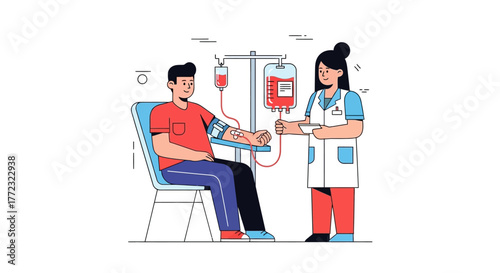Blood donation process illustrated by a medical professional assisting a patient in a clinic setting