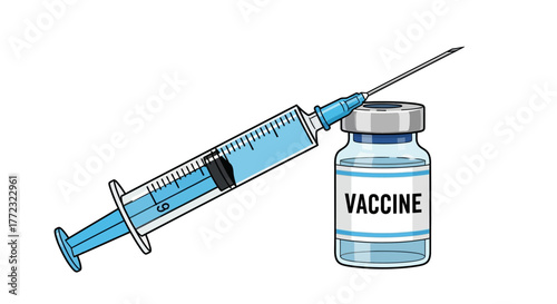Vector illustration of a medical syringe with a dose of vaccine and a vial for immunization against disease, isolated on white background