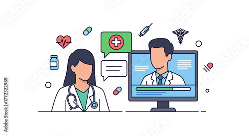 Digital healthcare and virtual medical consultation services connecting doctors and patients remotely for online support and expert advice