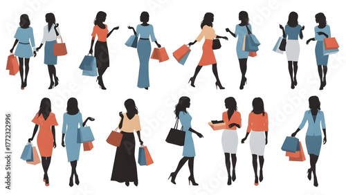 Collection of diverse female silhouettes engaged in shopping activities carrying shopping bags and boxes