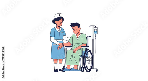 Supportive nurse providing compassionate care to a male patient in a wheelchair with an IV drip