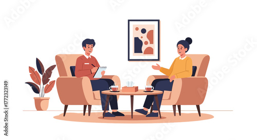 Therapist consulting with a patient in a cozy room, discussing mental health and well-being