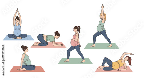 A cartoon illustration of five pregnant women doing various yoga poses on colored mats against a white background