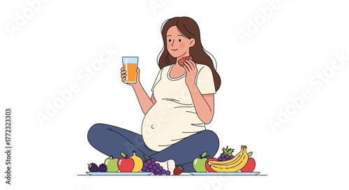 A cartoon of a pregnant woman sits eating fruit and drinking juice