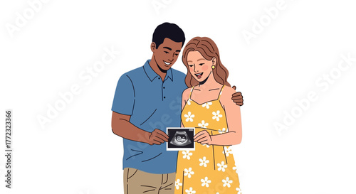A couple smiles as they look at an ultrasound of their baby