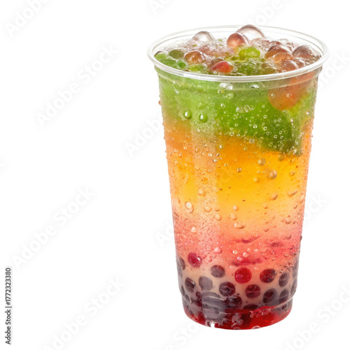 Colorful bubble tea in a plastic cup isolated on transparent background, a refreshing and vibrant beverage