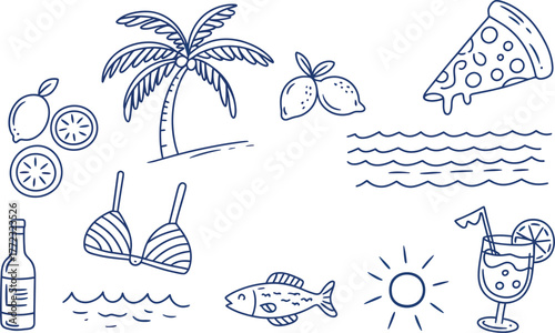 Hand drawn summer vacation icons including palm tree and pizza