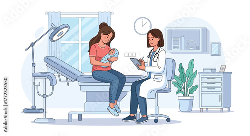 A doctor consults with a woman holding a baby in a medical office setting