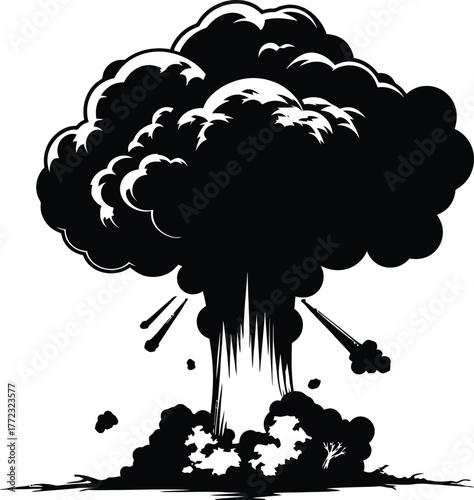 Nuclear Bomb Mushroom Cloud Linocut Pro Vector.eps