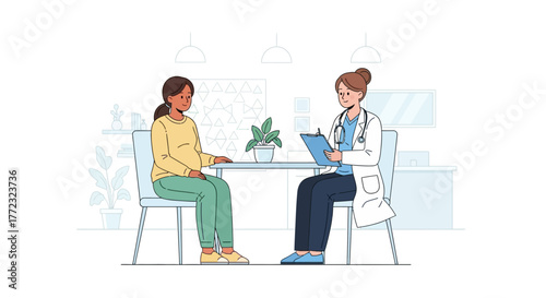 A doctor takes notes while a patient sits across a desk in a bright room