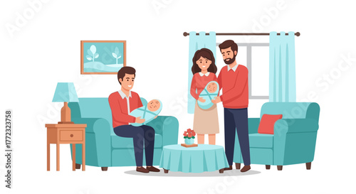 A family of three holding babies in a living room setting with furniture and decor