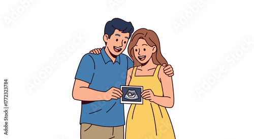 A happy couple smiles holding a baby ultrasound picture in front of a white background