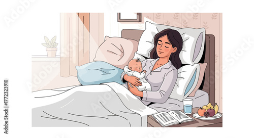A mother lies in bed holding her baby next to a book glass of water and fruit