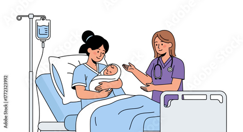 A new mother in a hospital bed holds her newborn with a nurse offering assistance