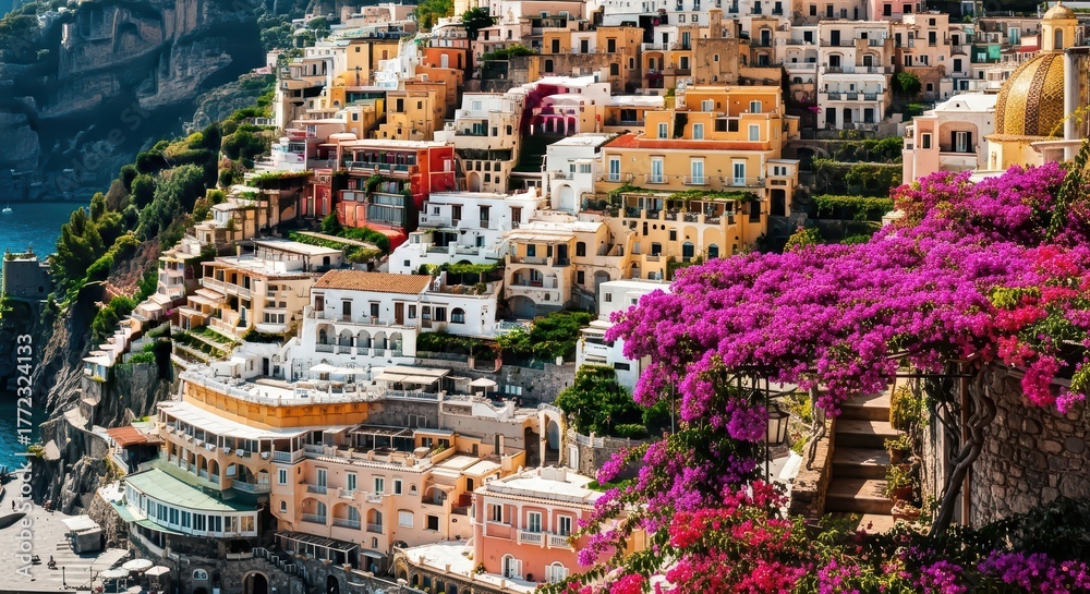 Fototapeta premium Colorful cliffside houses and bougainvillea in positano on the amalfi coast