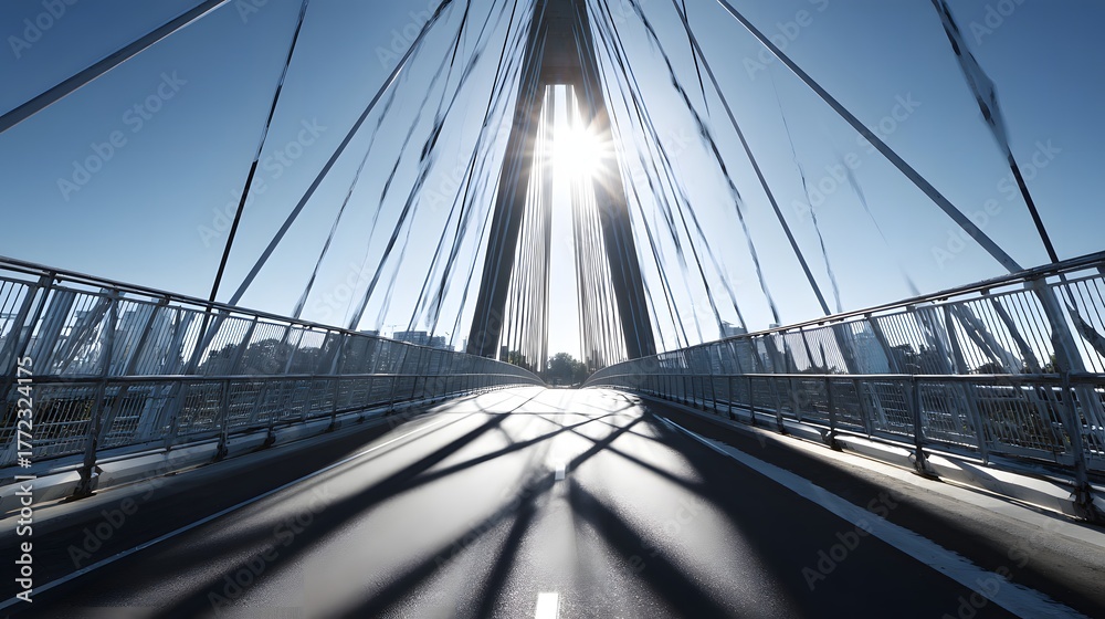 Fototapeta premium Elevated pathway of a modern suspension structure illuminated by bright sunlight