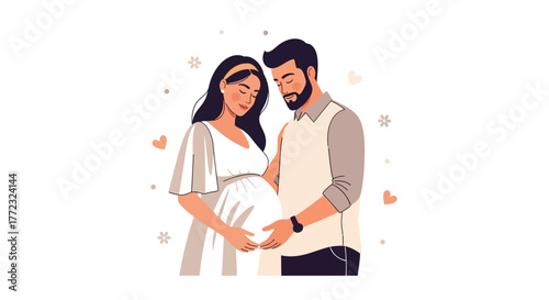 A pregnant woman embraces with a man adorned with hearts and flowers