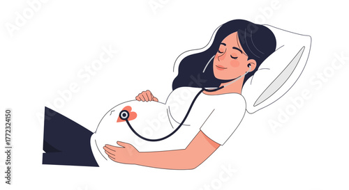 A pregnant woman listens to her babys heartbeat with a stethoscope while resting on a pillow