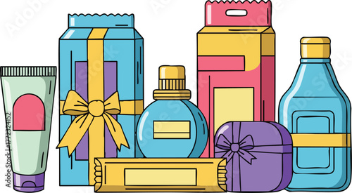 Assorted Cosmetic And Skincare Products In Blue Pink Yellow Packaging With Ribbons And Bows