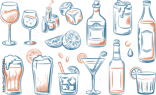 Hand drawn collection of alcoholic and non alcoholic drinks