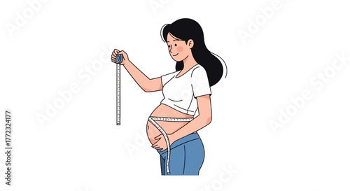 A pregnant woman measures her belly with a tape measure