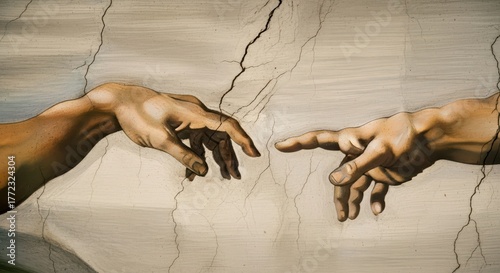 Timeless depiction of creation with two reaching hands and cracked surface