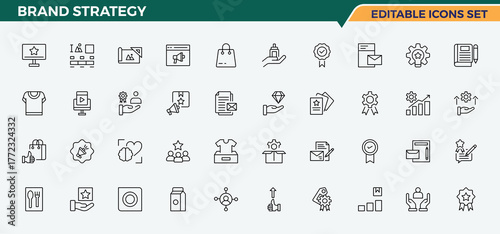 Brand Strategy modern icon set. Includes symbols for identity, company, customer, product and more. Brand icon set. Modern linear icons. Editable stroke. Pixel Perfect.