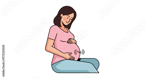 A pregnant woman sits hands on her stomach with sound waves emanating from it