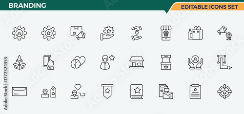 Branding linear icon collection. Contains outline symbols like strategy, social, company, customer and more. Brand line icon set. Modern vector UI icons. Editable vector.
