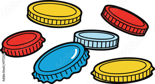 Assortment of Colorful Bottle Caps Scattered on a White Background