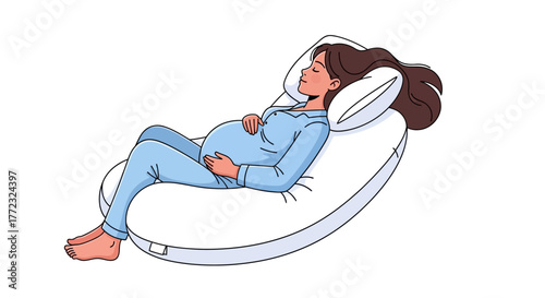 A pregnant woman sleeps soundly on a large ushaped pillow cradling her belly
