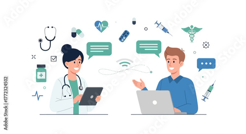 Female doctor providing an online consultation to a male patient via modern technology, a concept for telemedicine and virtual healthcare